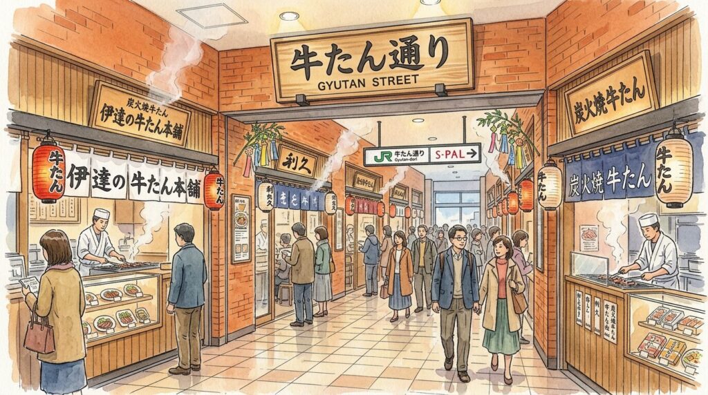 仙台駅牛たん通りで店舗を選ぶイメージ