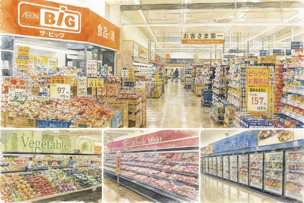 仙台のザ・ビッグで食品や日用品を買うイメージ