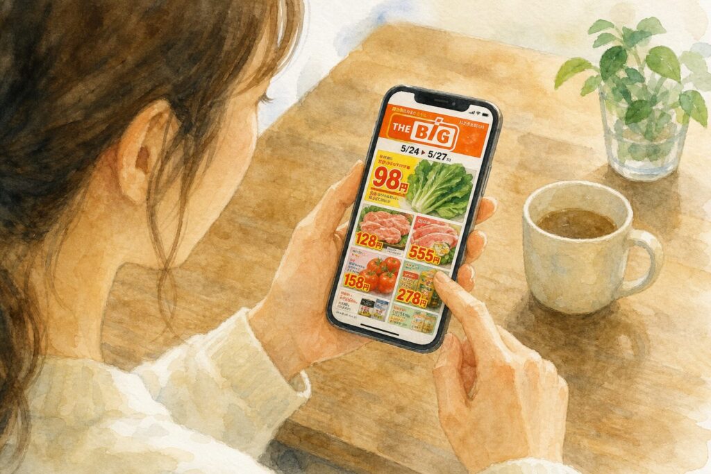 ザ・ビッグのチラシや特売情報を確認するイメージ
