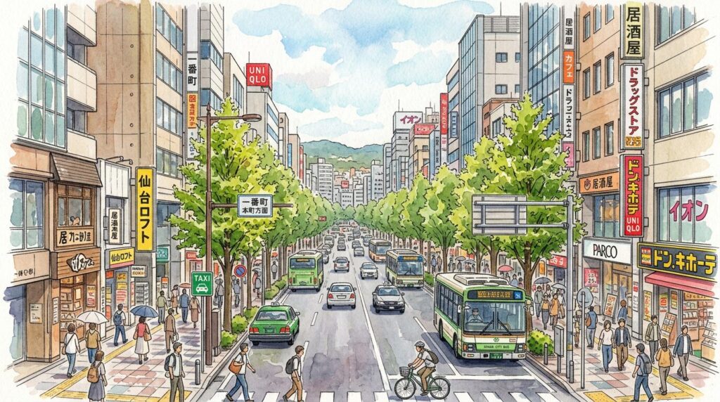 仙台駅から一番町方面へ雑貨屋巡りをする半日コースのイメージ