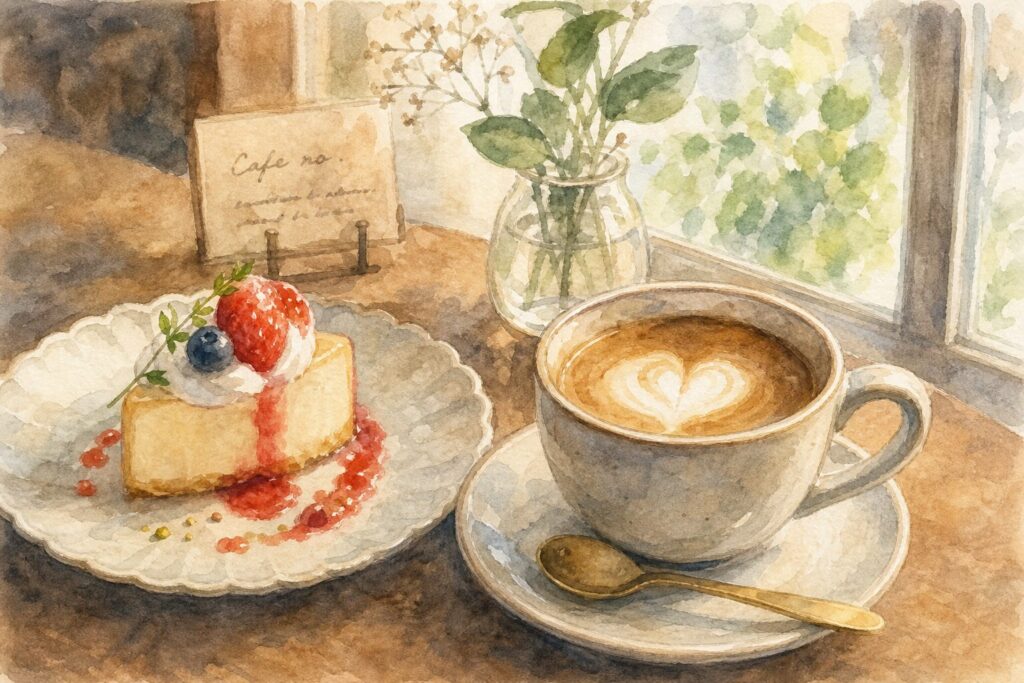 おしゃれカフェで撮影したコーヒーとスイーツの写真
