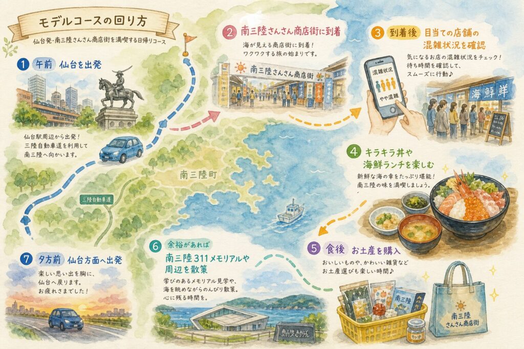 南三陸さんさん商店街の日帰りモデルコース地図イメージ