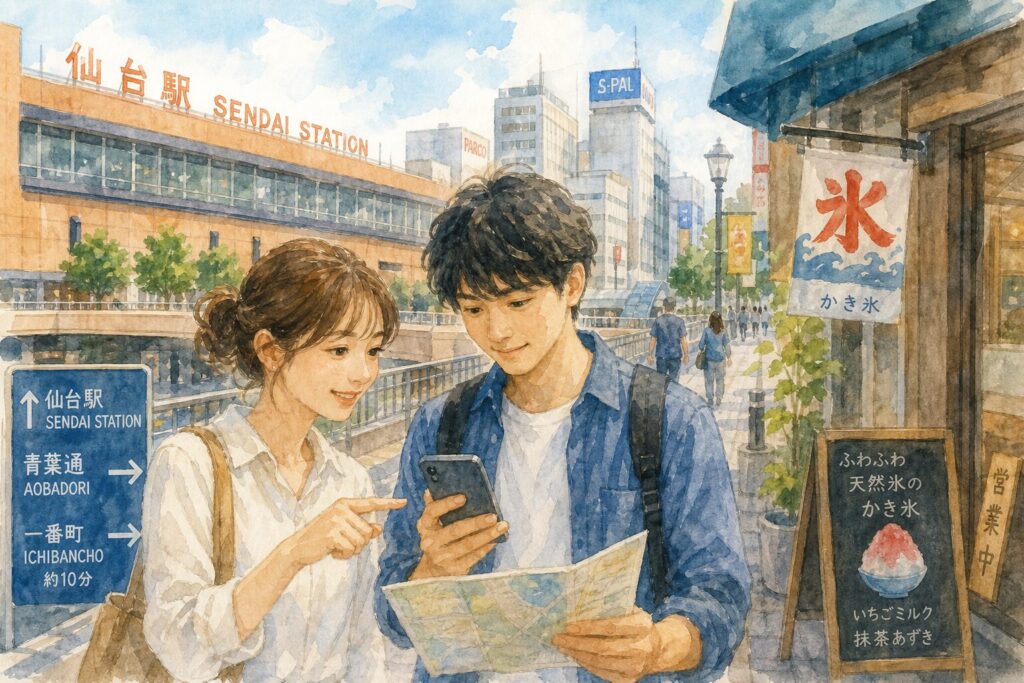 仙台駅周辺で徒歩圏内のかき氷やひんやりスイーツ店を探す男女