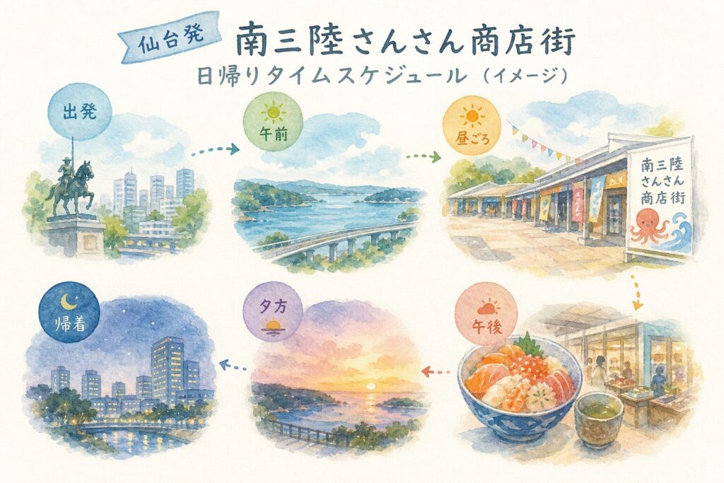 仙台から南三陸さんさん商店街への日帰りタイムスケジュールイメージ