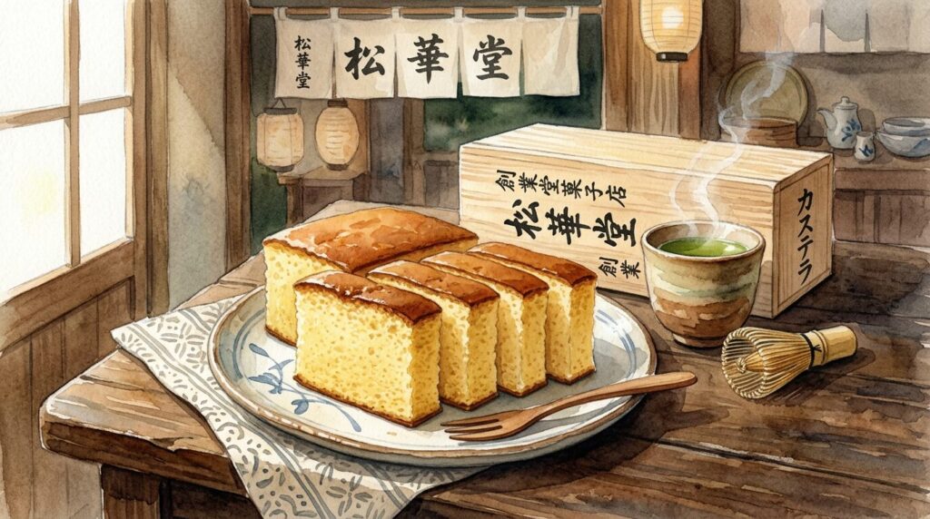 五大堂前の松華堂菓子店でカステラとカフェ休憩を楽しむイメージ