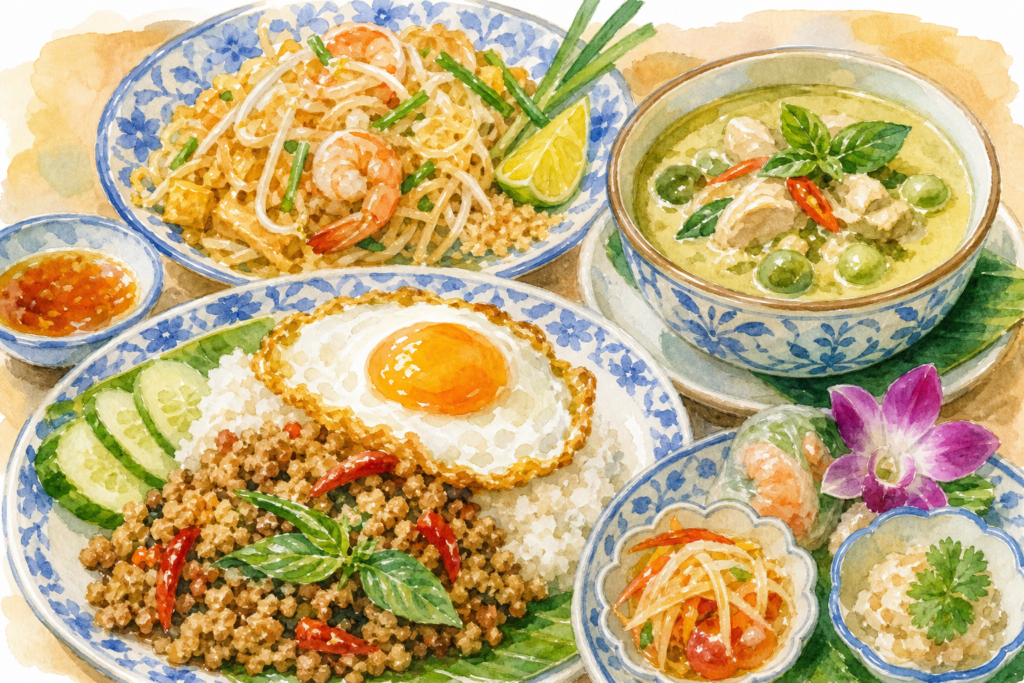 ガパオライスやパッタイ、タイカレーなどタイ料理の盛り合わせ