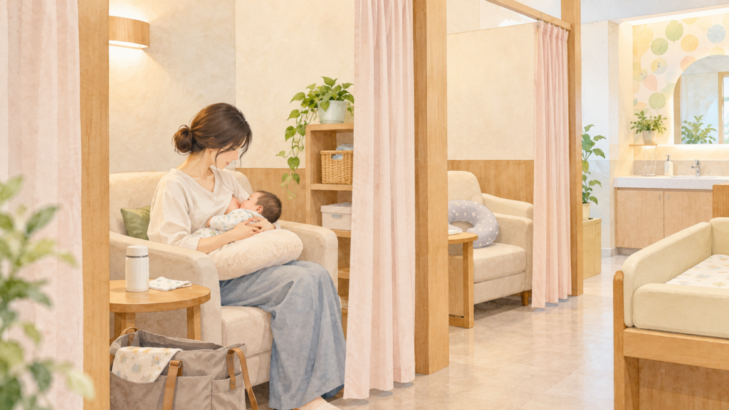 赤ちゃんとの外出や授乳をする家族のイメージ