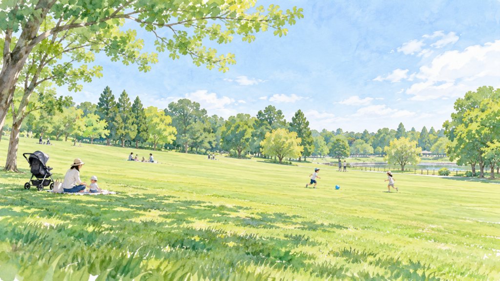 七北田公園の芝生で子どもと遊ぶイメージ