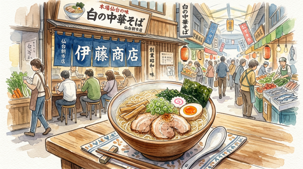 仙台朝市でリーズナブルなラーメンを楽しむイメージ