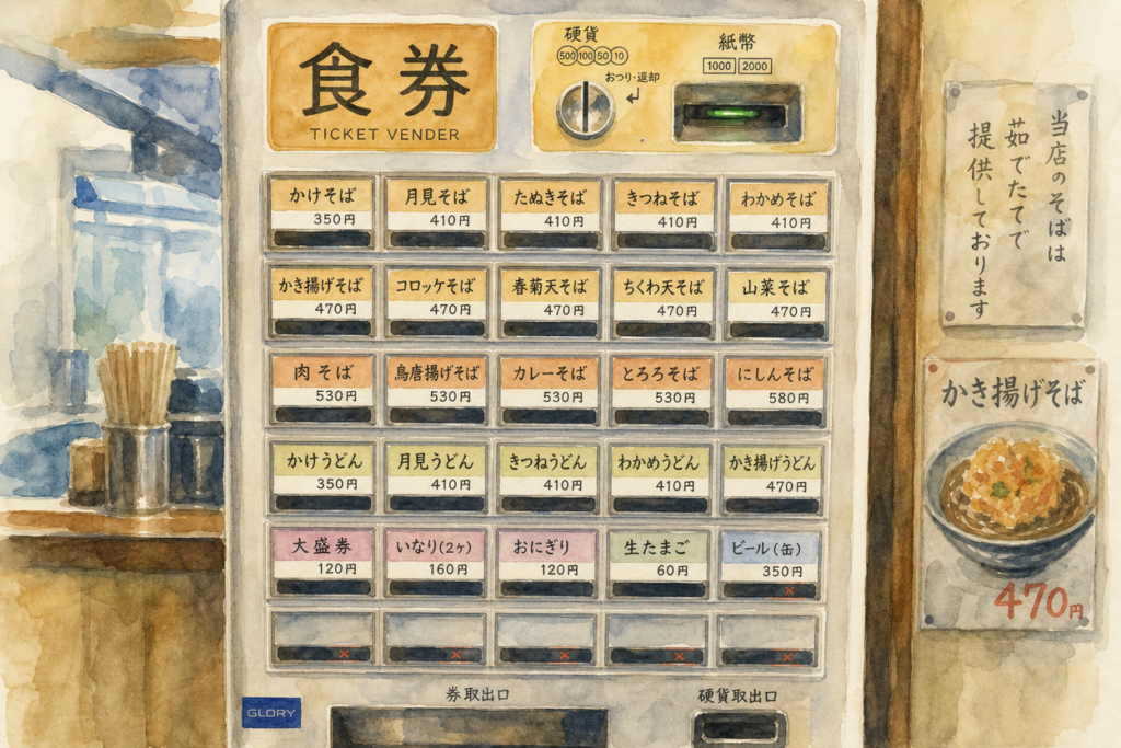 立ち食いそば店の券売機を利用するイメージ