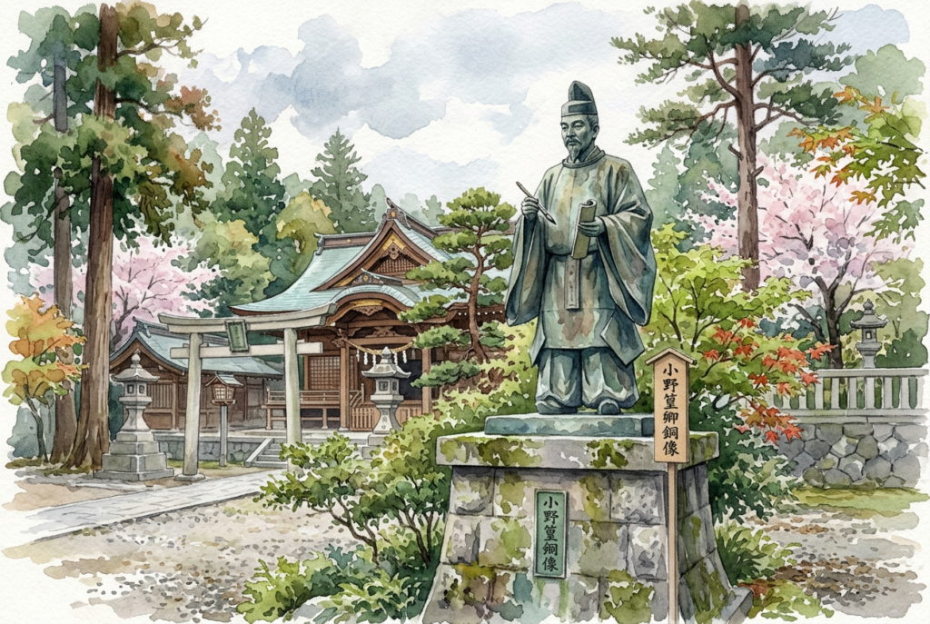 2026年に建立された竹駒神社の小野篁卿銅像のイメージ
