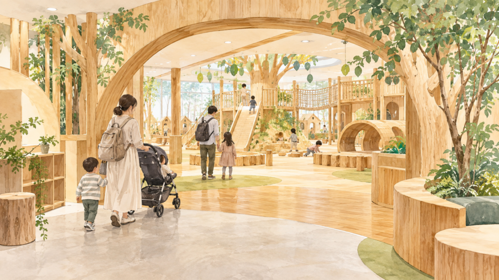 感性の森の木製アーチと室内遊び場をイメージしたイラスト