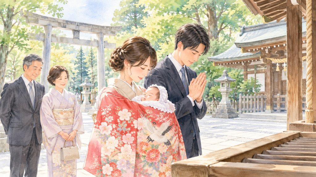 赤ちゃんのお宮参りをイメージした神社の水彩イラスト