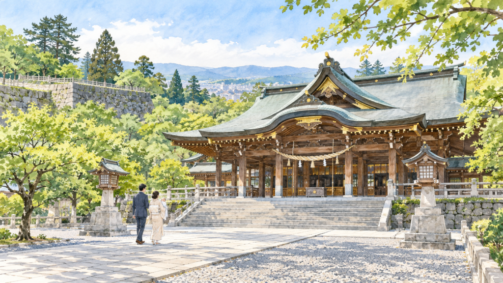 緑に囲まれた神社への参詣風景を描いたイメージイラスト