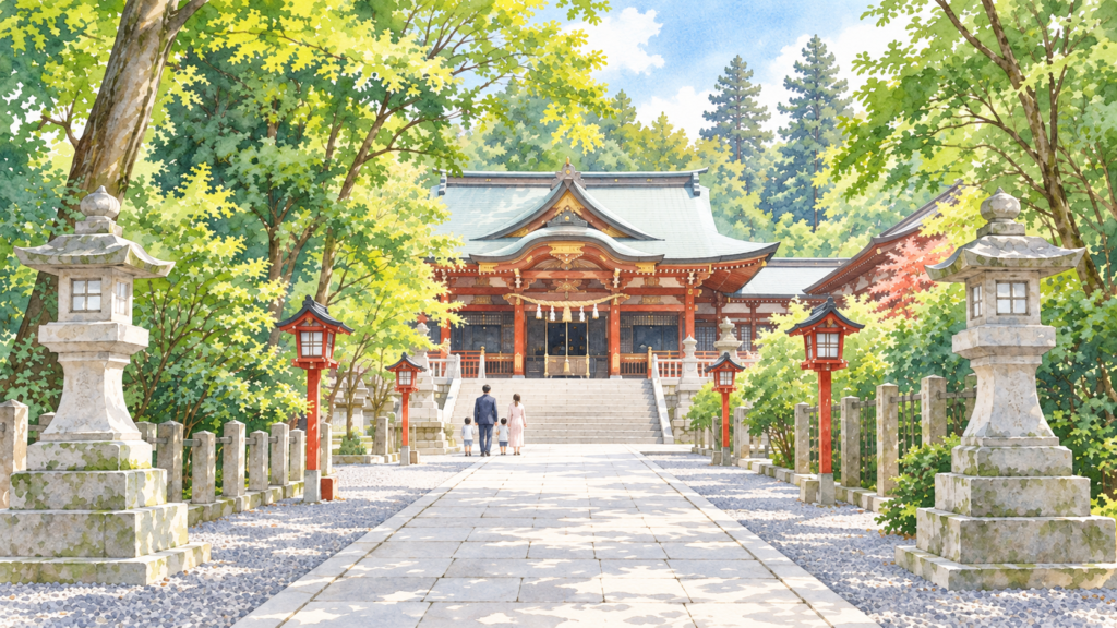 緑に囲まれた神社の参道を描いたイメージイラスト