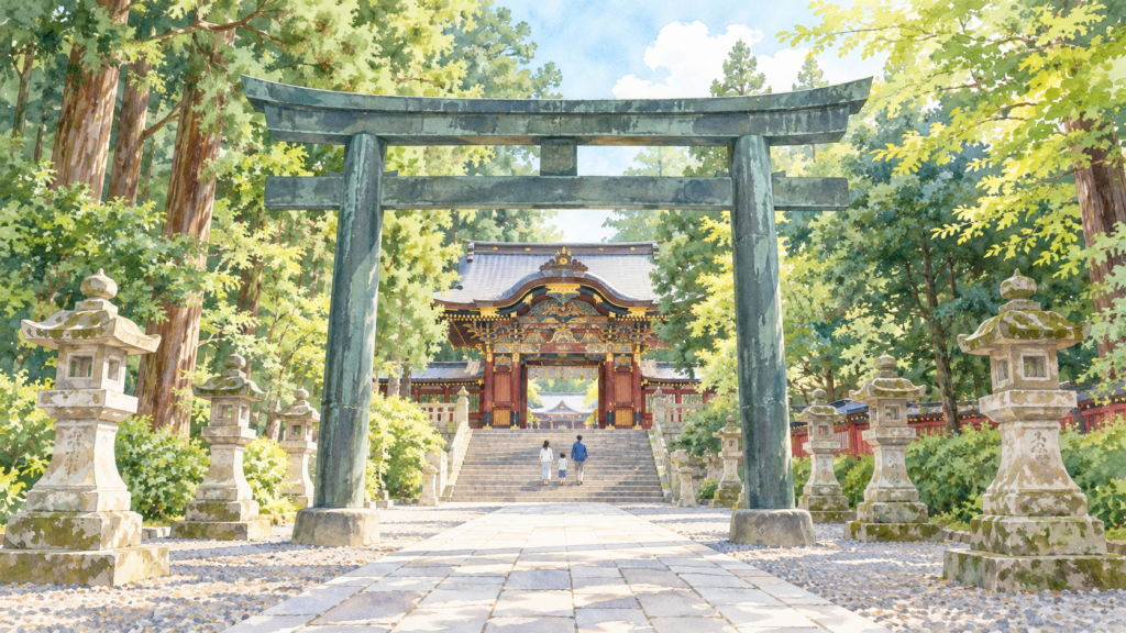 木々に囲まれた神社の参道を描いたイメージイラスト