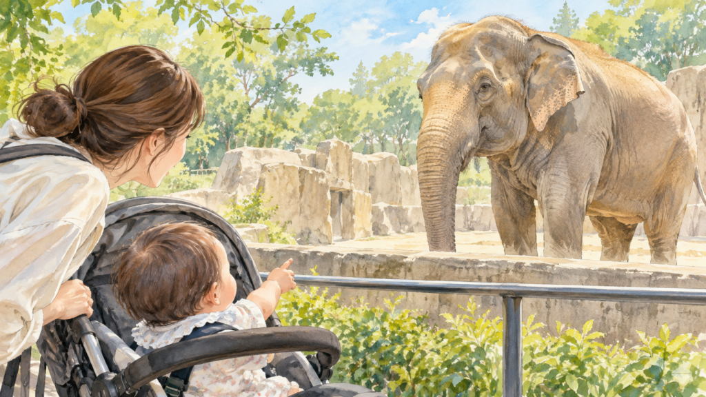 八木山動物公園でゾウを見る親子のイメージ