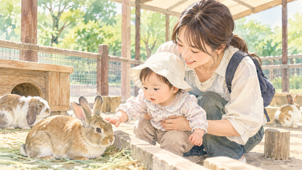 ウサギを観察する赤ちゃんと保護者のイメージ