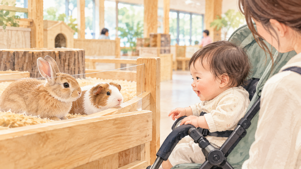 赤ちゃんが小動物を観察する様子のイメージ