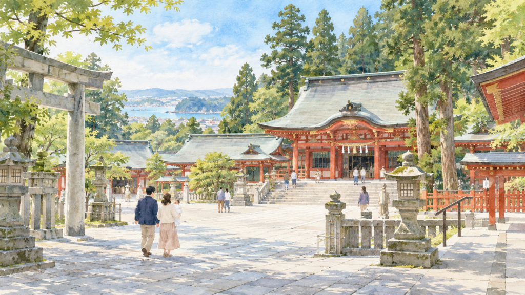 神社の境内を家族で散策する様子を描いたイメージイラスト