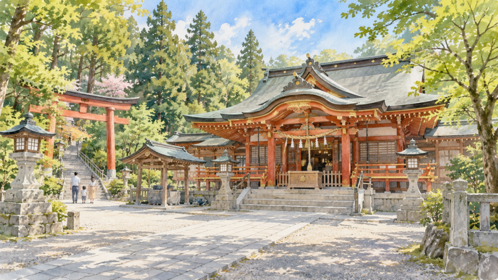 日差しに包まれた静かな神社の境内を描いたイメージイラスト