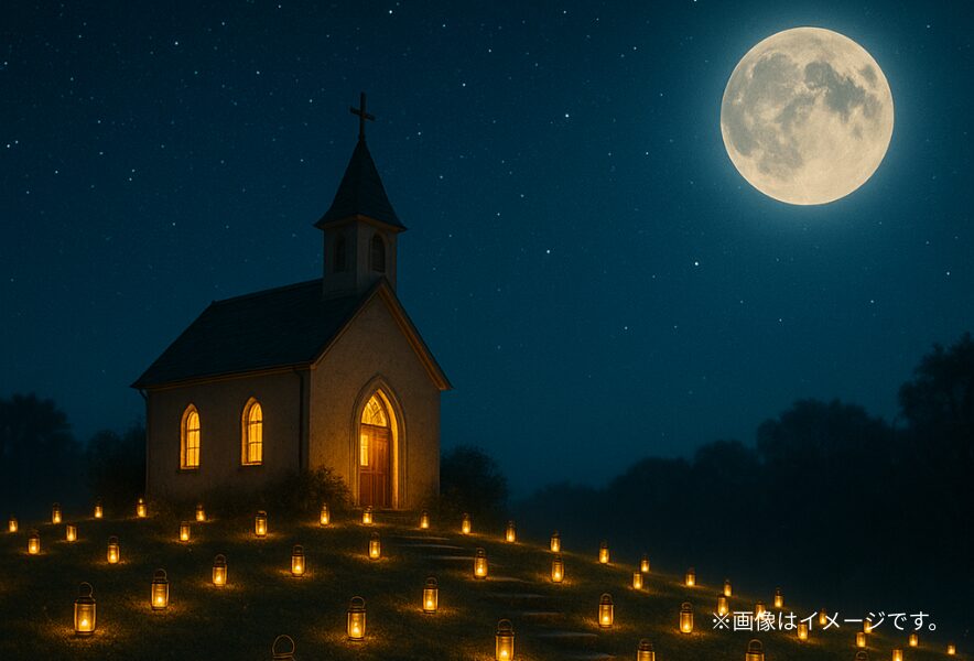 やくらいガーデン チャペル前のランタン演出(2025年・星あかり)