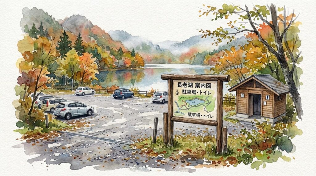 長老湖の駐車場と周辺設備のイメージ