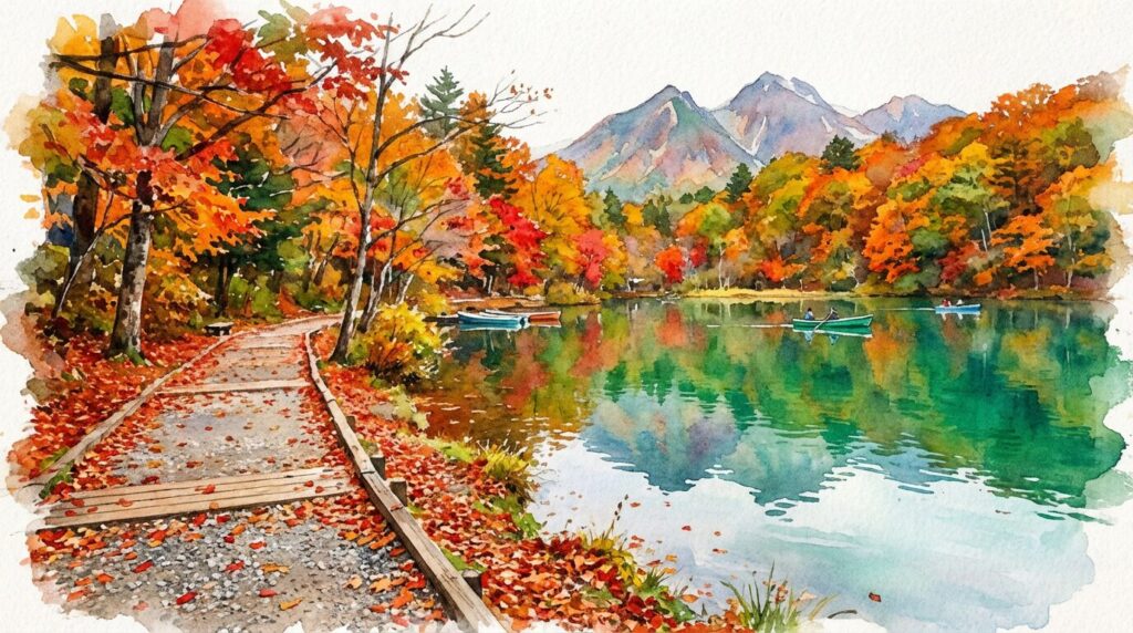 長老湖の遊歩道を歩くイメージ