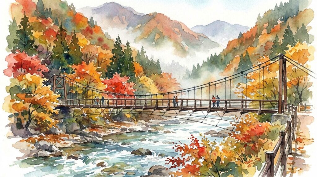 やまびこ吊り橋から見た渓谷の景色イメージ