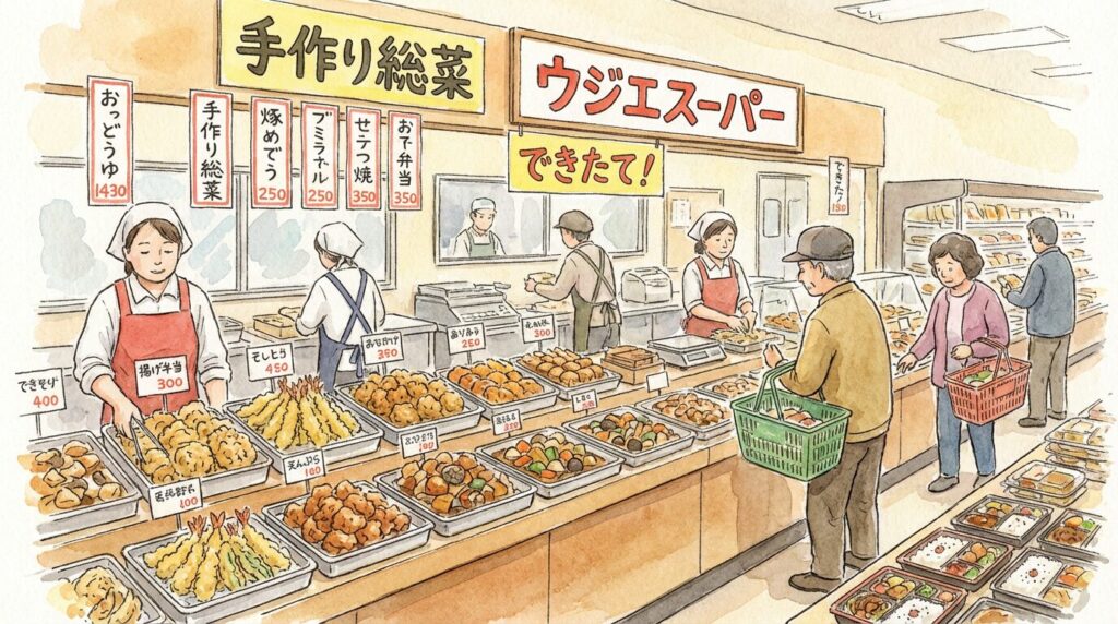 スーパーで夕飯用の惣菜を選ぶイメージ