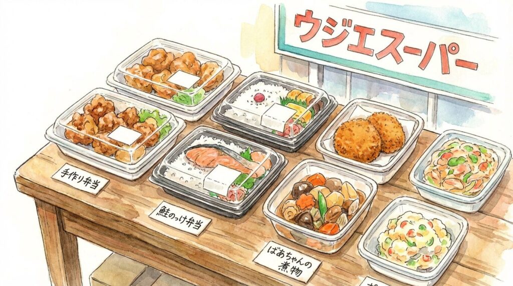 スーパーで惣菜を比較しながら選ぶイメージ