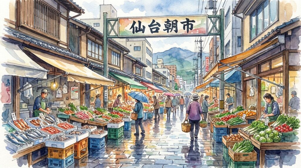 仙台朝市と朝ラーを組み合わせた朝活イメージ