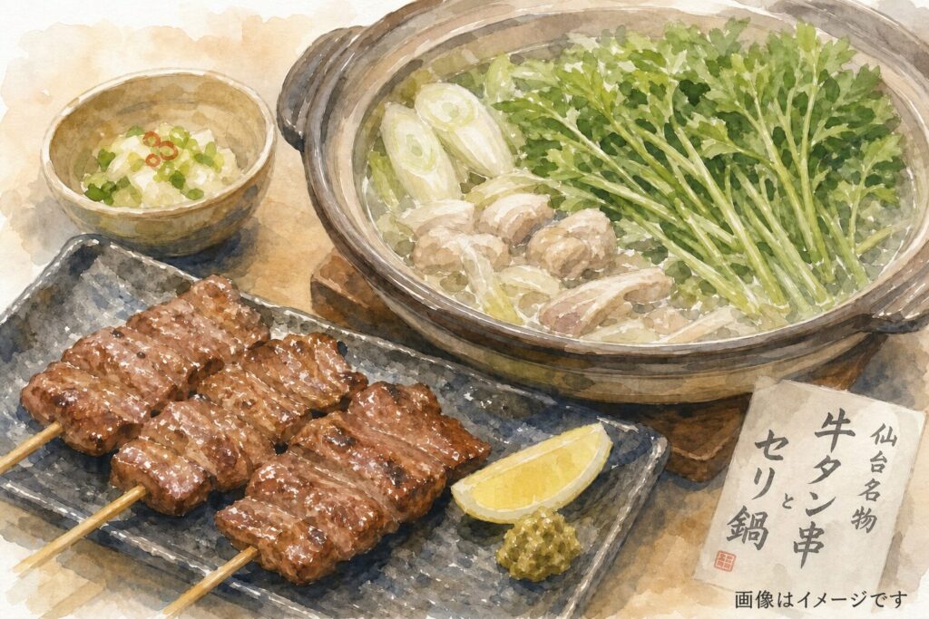 仙台の居酒屋でいろり焼きと地酒を楽しむイメージ