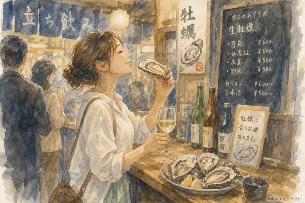 壱弐参横丁で牡蠣とお酒を楽しむイメージ