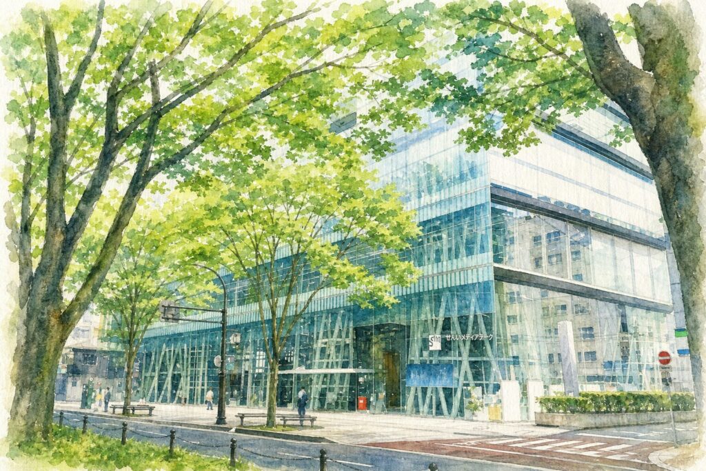 定禅寺通沿いにあるせんだいメディアテークの外観