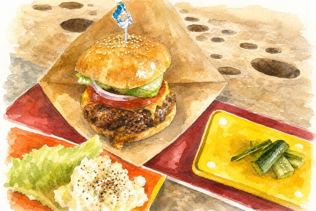 ハンバーガーとガラス作品を表現したイメージイラスト