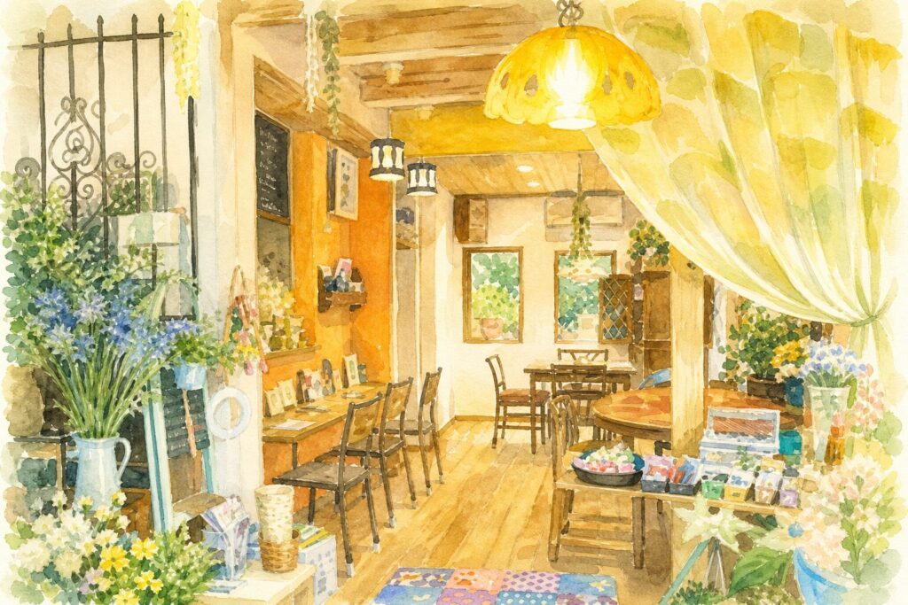 北欧風インテリアのカフェを表現したイメージイラスト