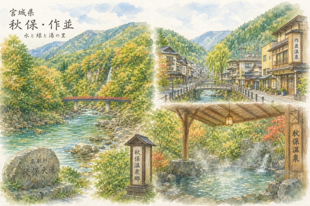 秋保・作並方面の温泉地イベントと自然散策のイメージ