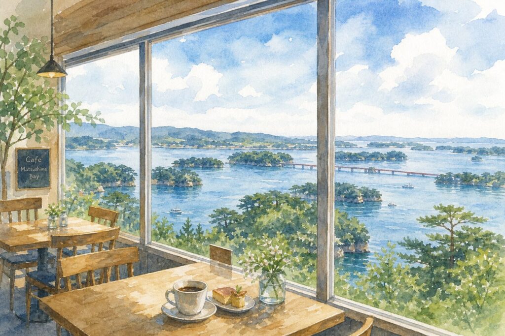 松島湾を眺めながらカフェで休憩するイメージ