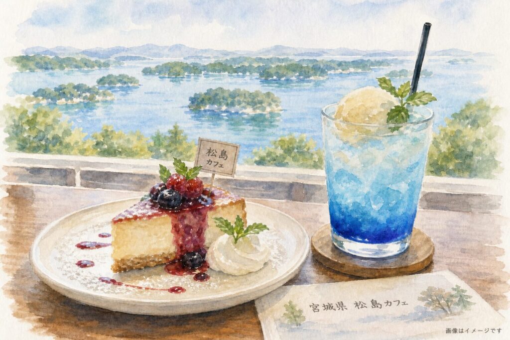 松島観光の途中でドリンクやスイーツを楽しむイメージ