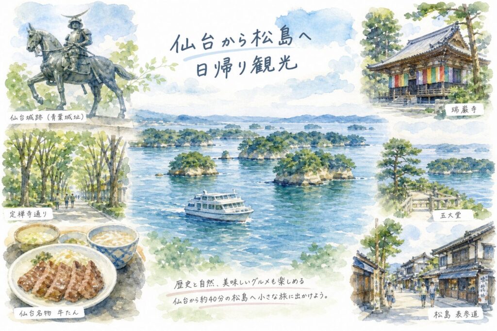 仙台から日帰りで松島カフェ巡りを楽しむモデルコースのイメージ