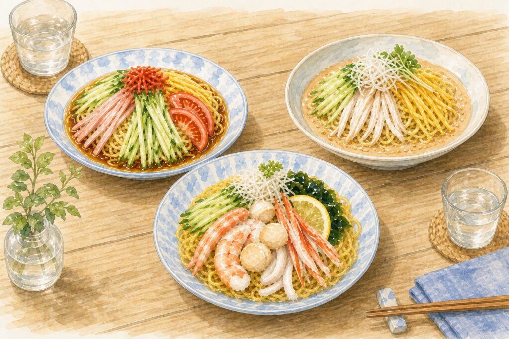 醤油ダレや海鮮具材を使った仙台の冷やし中華のイメージ