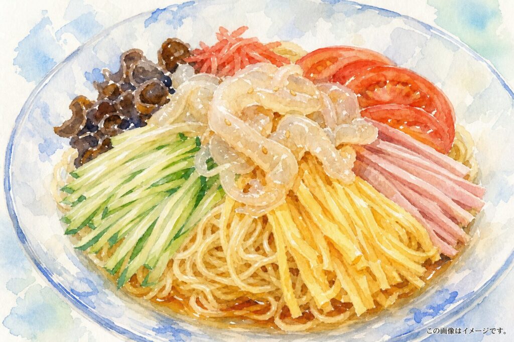 クラゲや海鮮を盛り付けた五目冷やし中華のイメージ