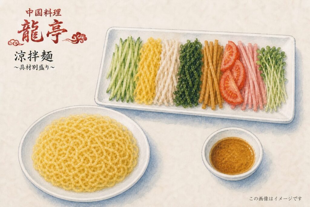 麺と具材を別皿で提供する涼拌麺のイメージ