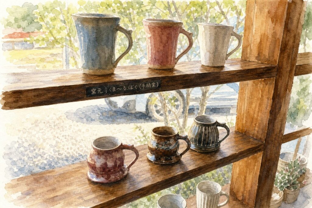 カフェに並ぶ作家の器を表現したイメージイラスト