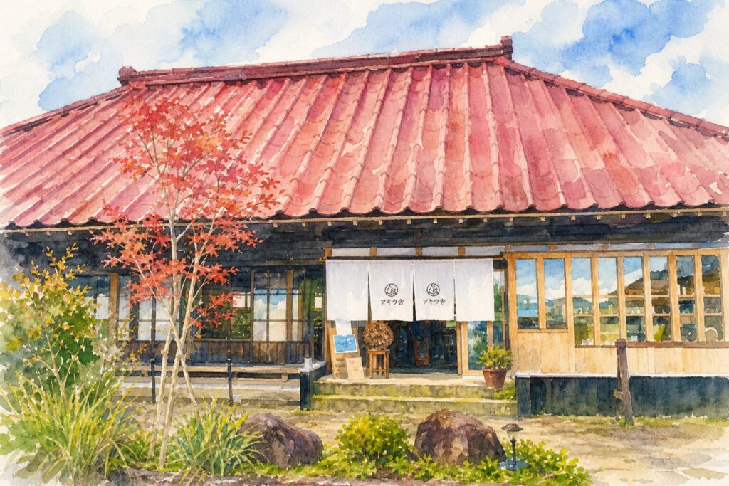 秋保の古民家カフェと庭を表現したイメージイラスト