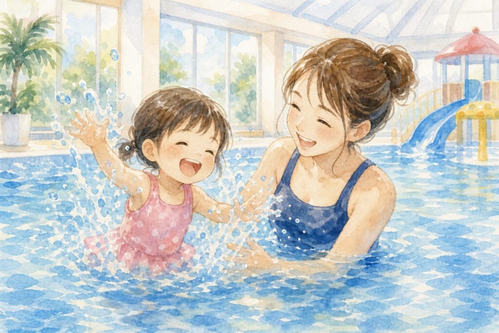 屋内プールで水遊びを楽しむ親子のイメージ