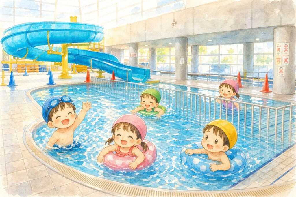 屋内プールで親子が水遊びを楽しむイメージ