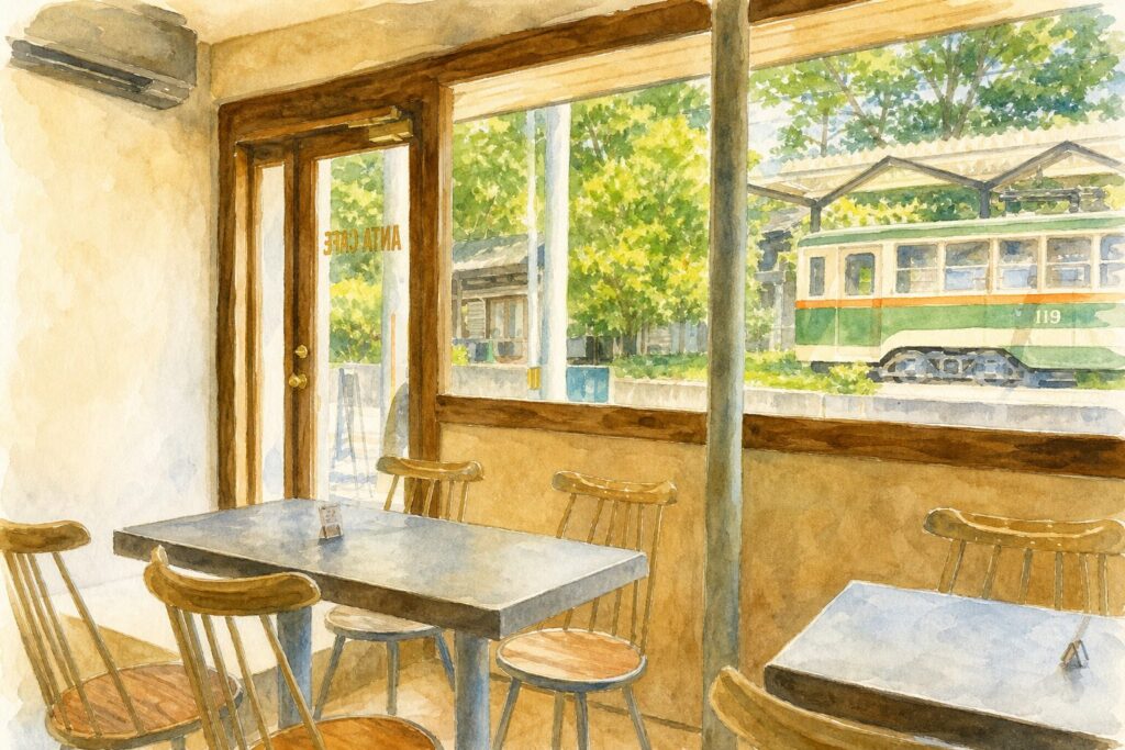 磊々峡周辺のカフェと自然を表現したイメージイラスト