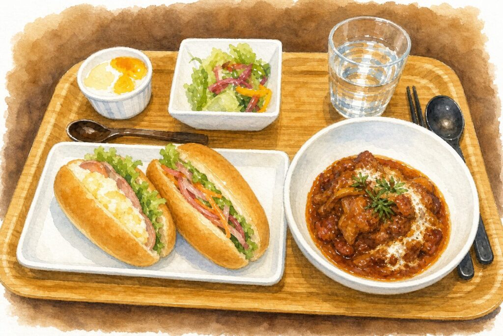 コッペパンサンドと煮込み料理を表現したイメージイラスト